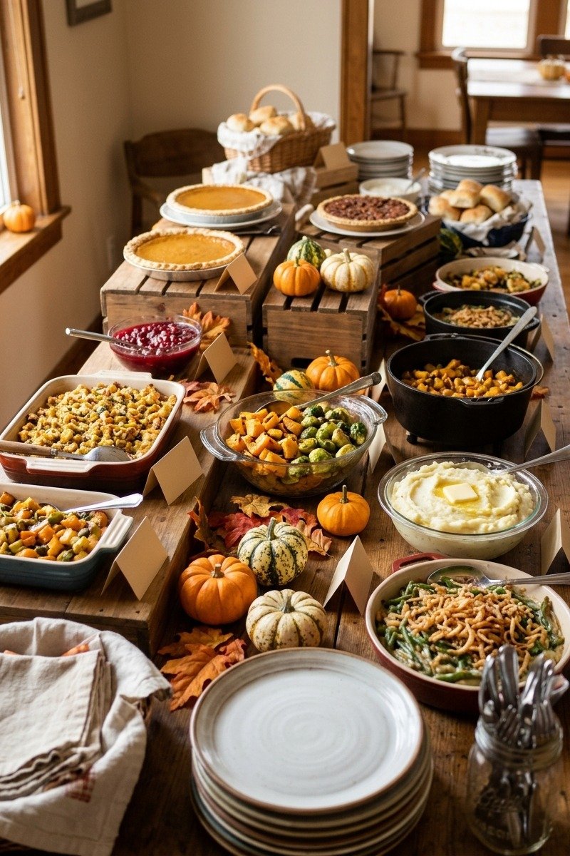 Friendsgiving potluck buffet table with serving dishes