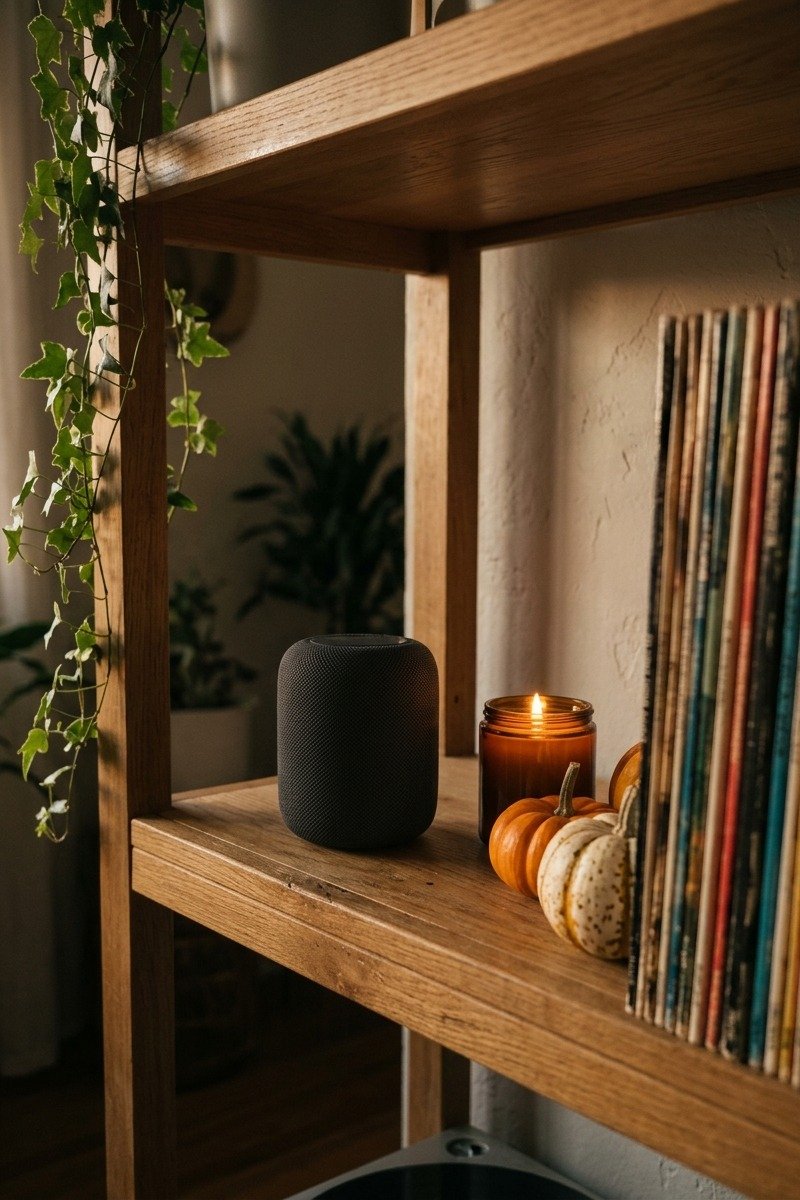 Bluetooth speaker on a shelf with fall decor