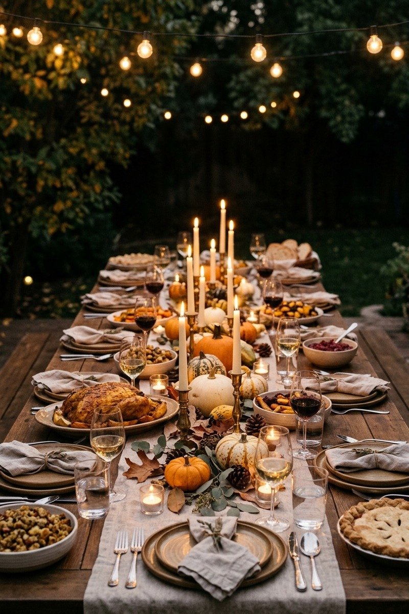 Friendsgiving dinner table under string lights