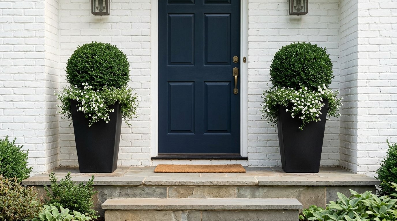 Pair of tall black planters with boxwood topiaries flanking a front door