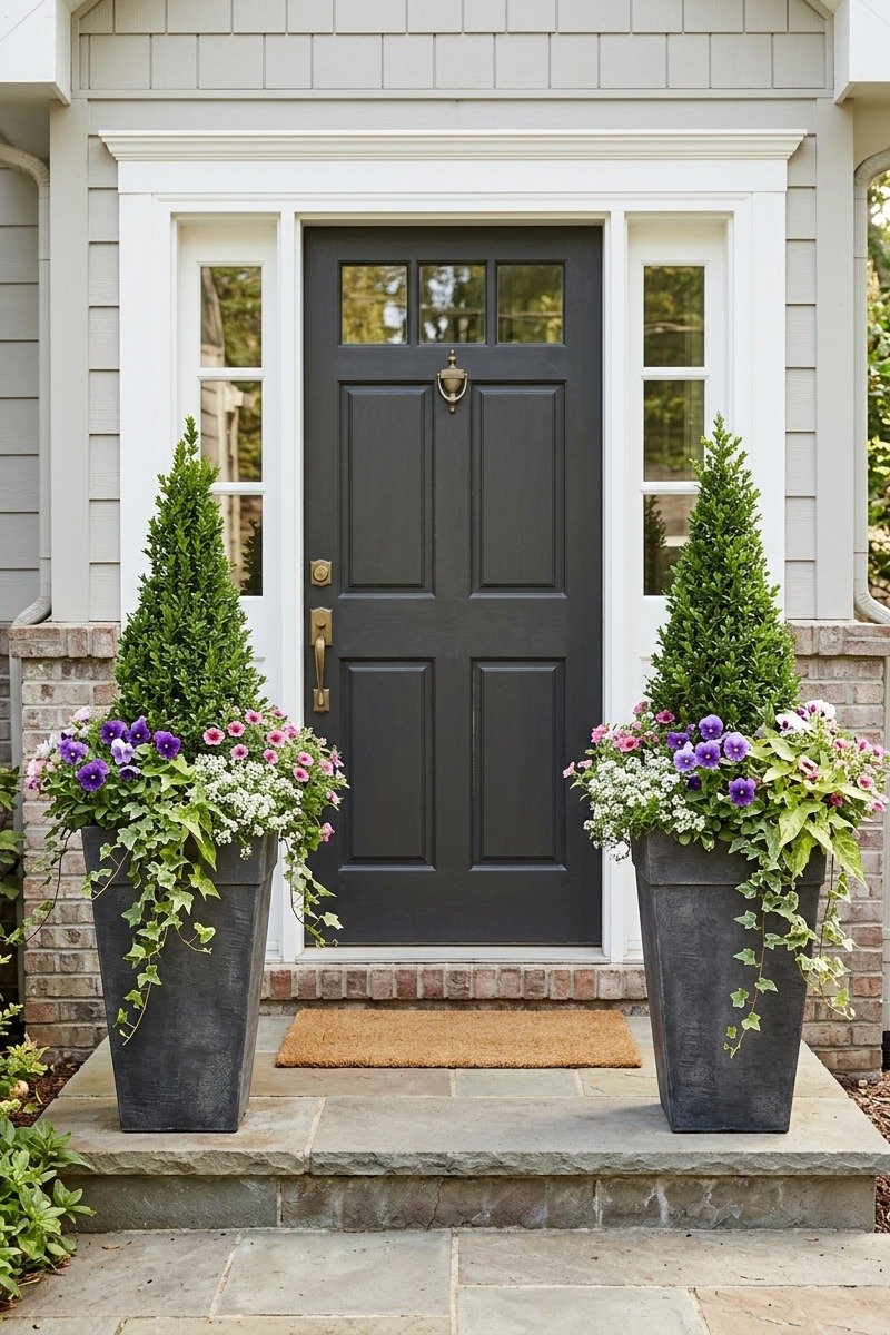 Planters flanking a front door