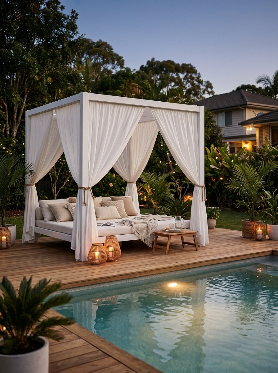 Cabana by a backyard pool