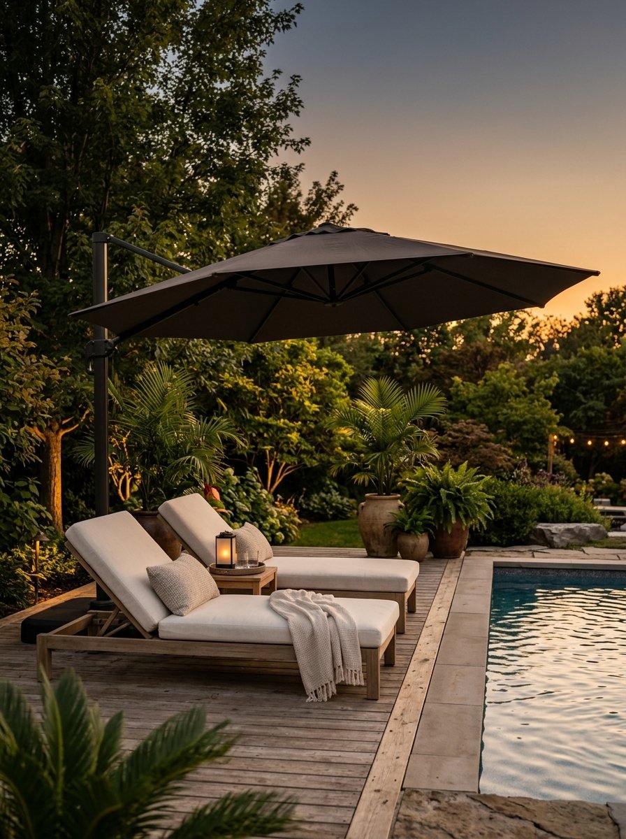 Cantilever umbrella shading loungers