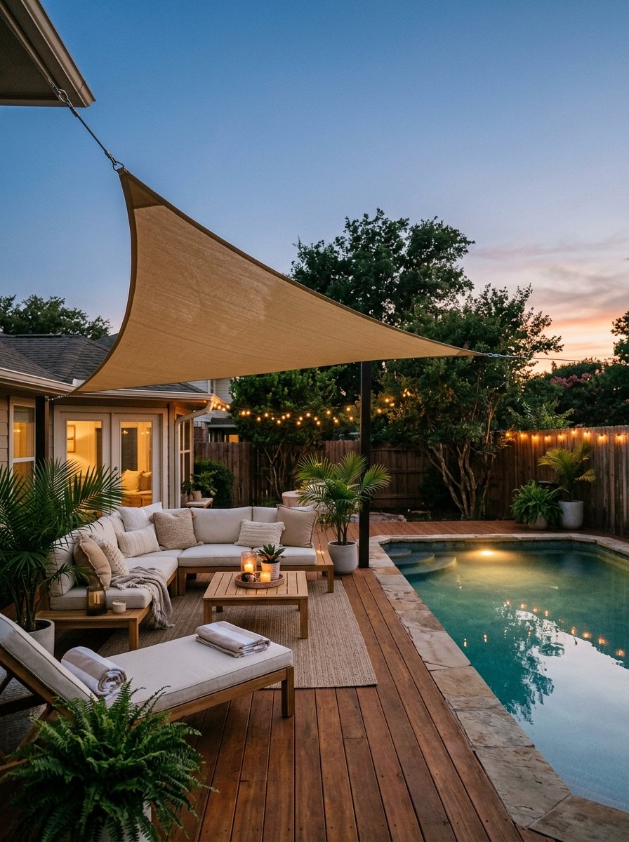 Shade sail over a pool deck