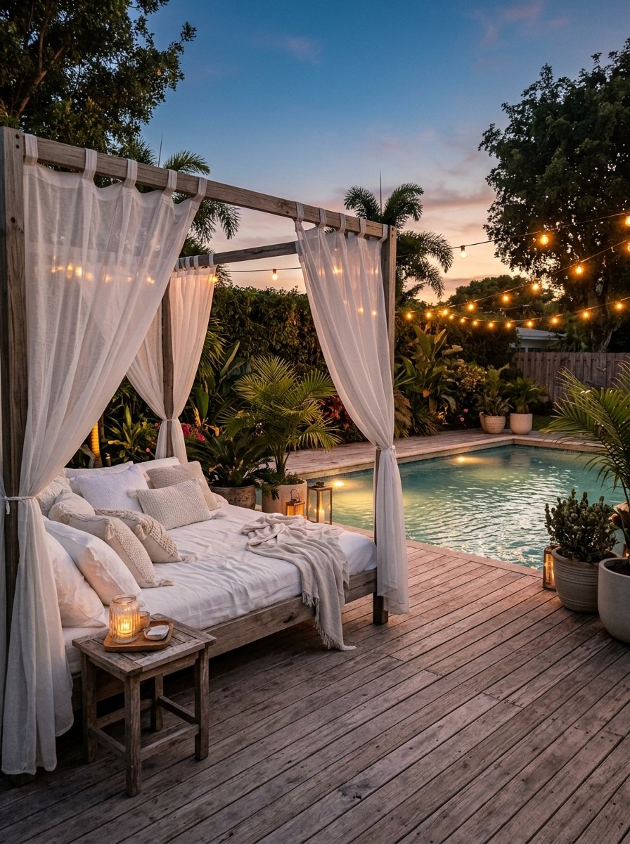 Canopy daybed beside a pool