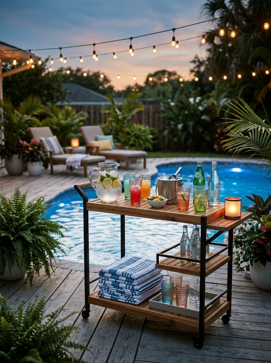 Poolside bar cart with drinks