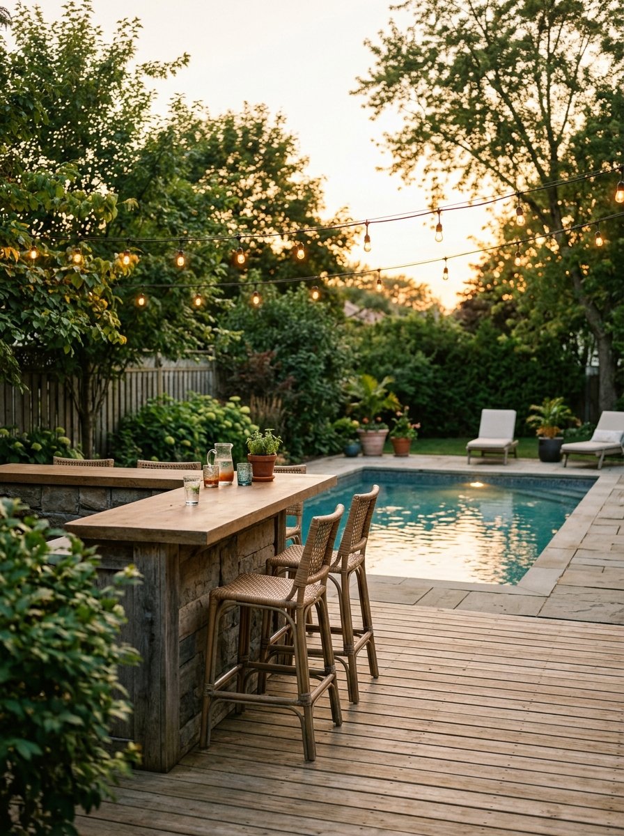 Outdoor bar with stools by the pool