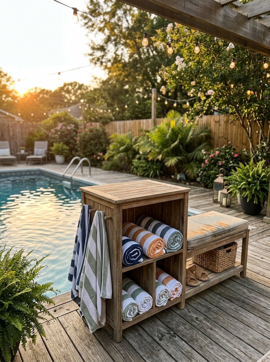 Towel rack with rolled towels by a pool