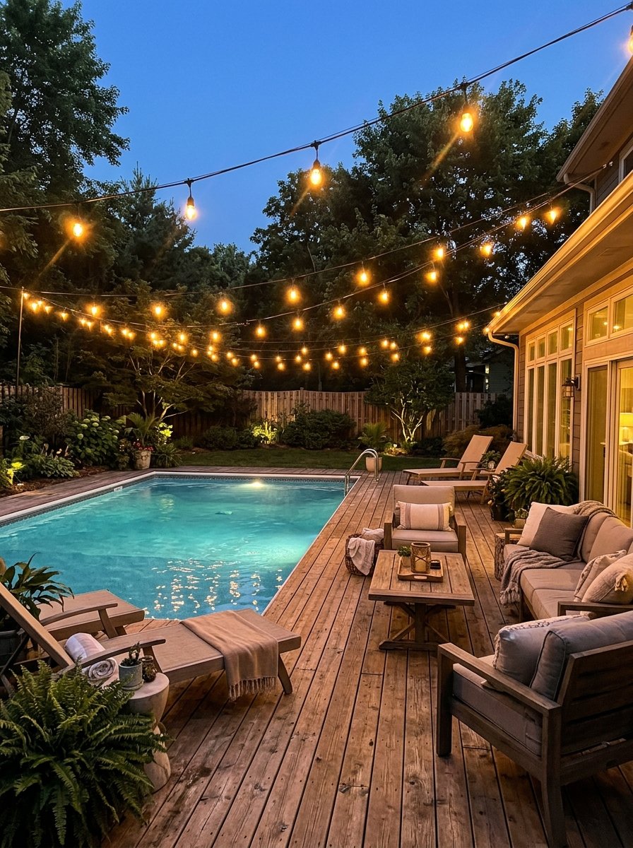 String lights over a pool deck at night