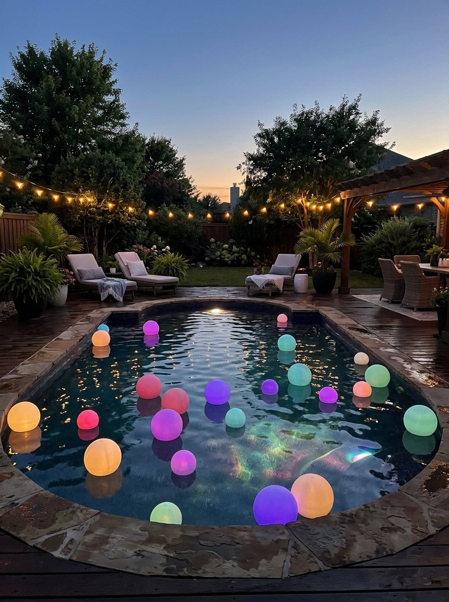 Floating lights on a pool at night