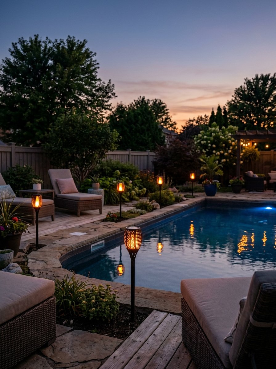 Solar torch lights around a pool