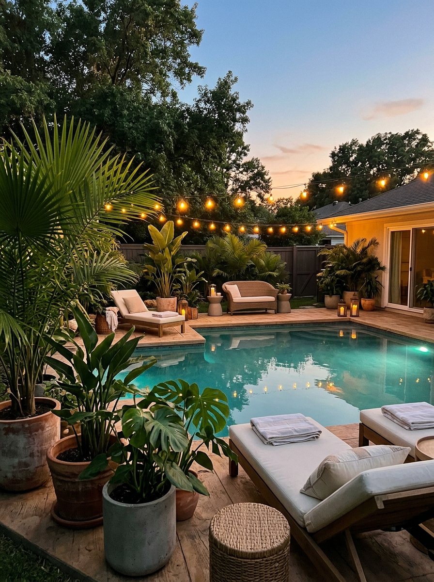 Potted palms around a pool
