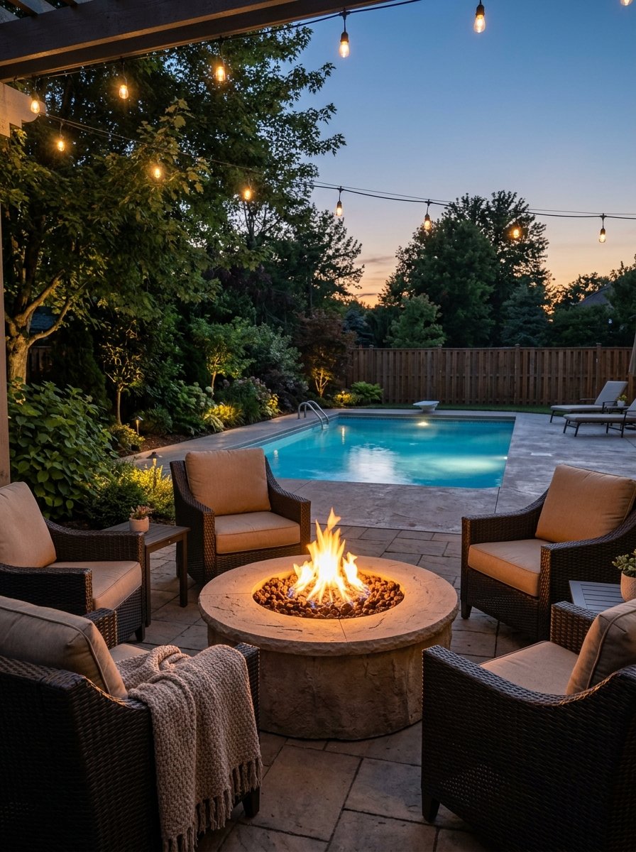 Fire pit near a backyard pool