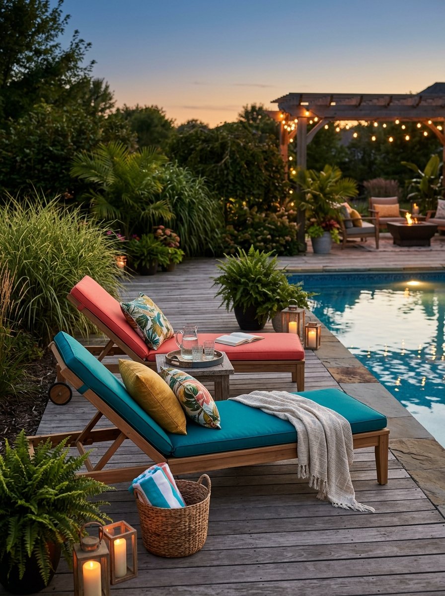 Colorful cushions on pool loungers