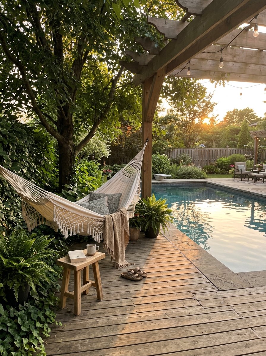 Hammock in a shady corner near a pool
