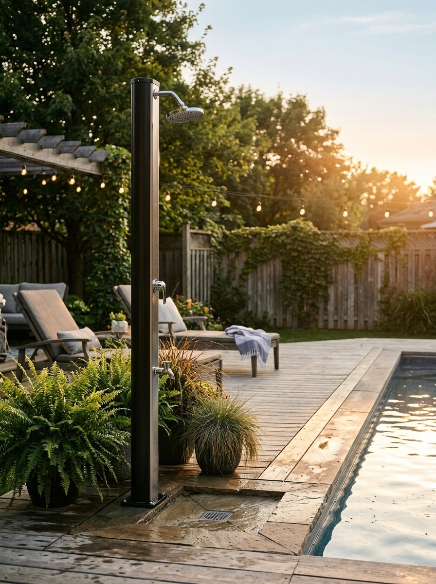 Outdoor shower beside a pool