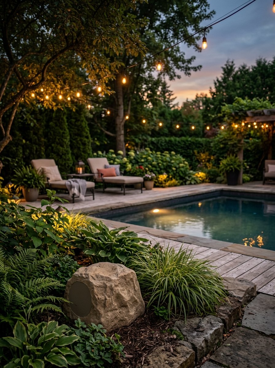 Outdoor speaker hidden among plants by a pool
