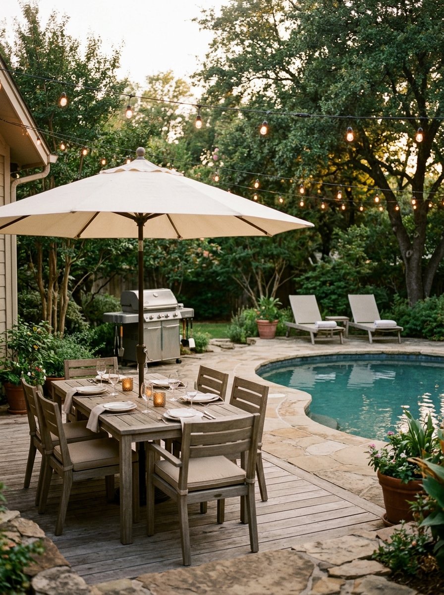 Outdoor dining table with umbrella by a pool