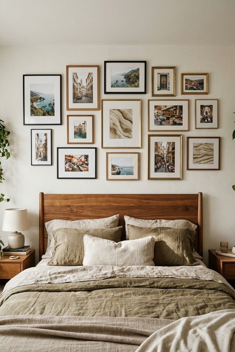 Gallery wall of couple's photos above bed