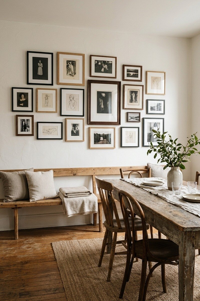 Dining room gallery wall with framed art