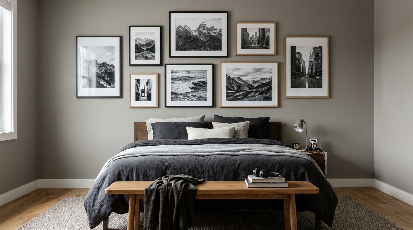 Gallery wall of framed black and white prints above a bed in a teen boys bedroom