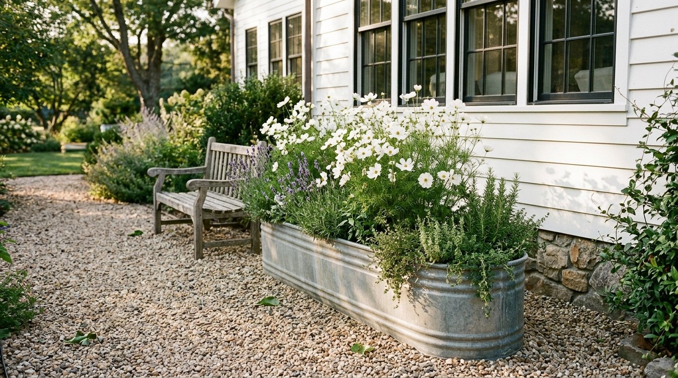 Galvanized metal trough planter filled with flowers by a farmhouse
