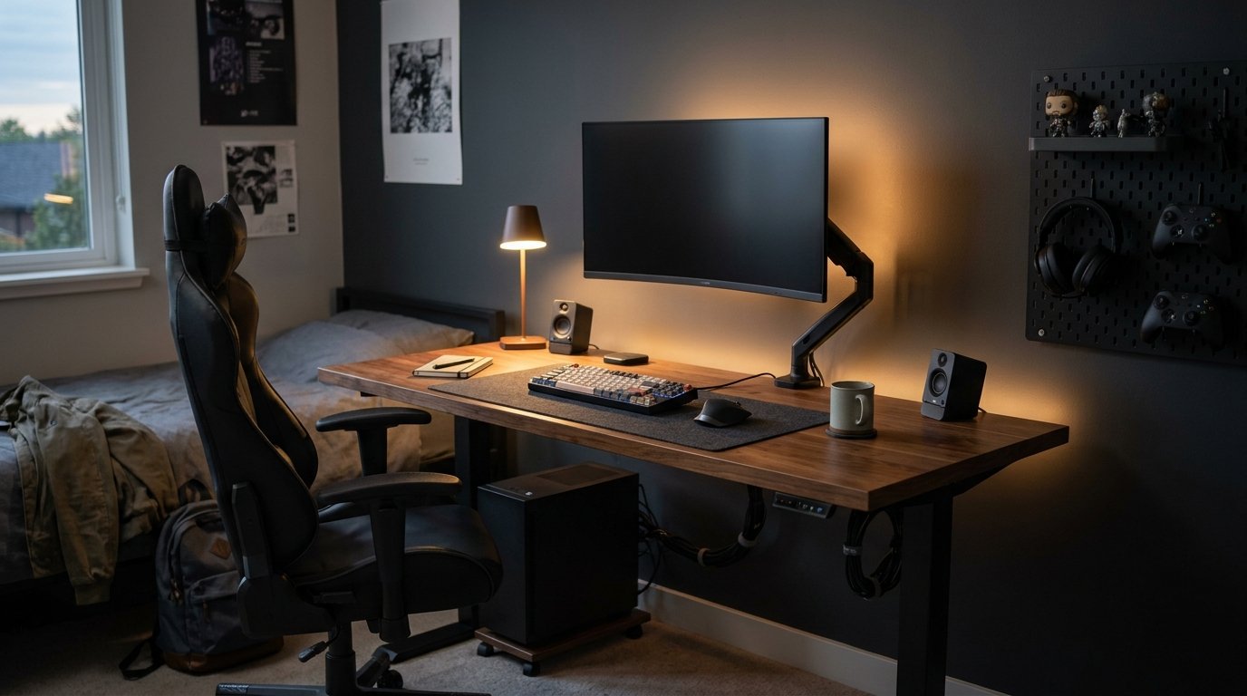 Gaming corner in a teen boys bedroom with desk, monitor and ergonomic chair