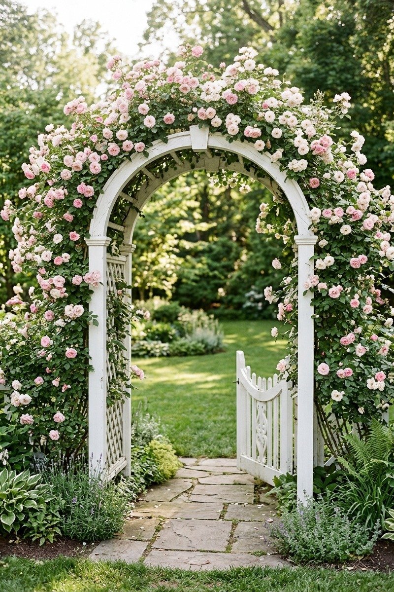 Garden arbor with climbing roses