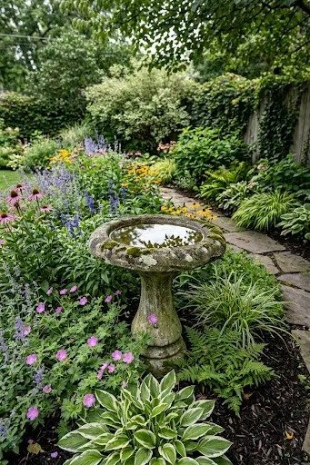 Garden focal point with a birdbath
