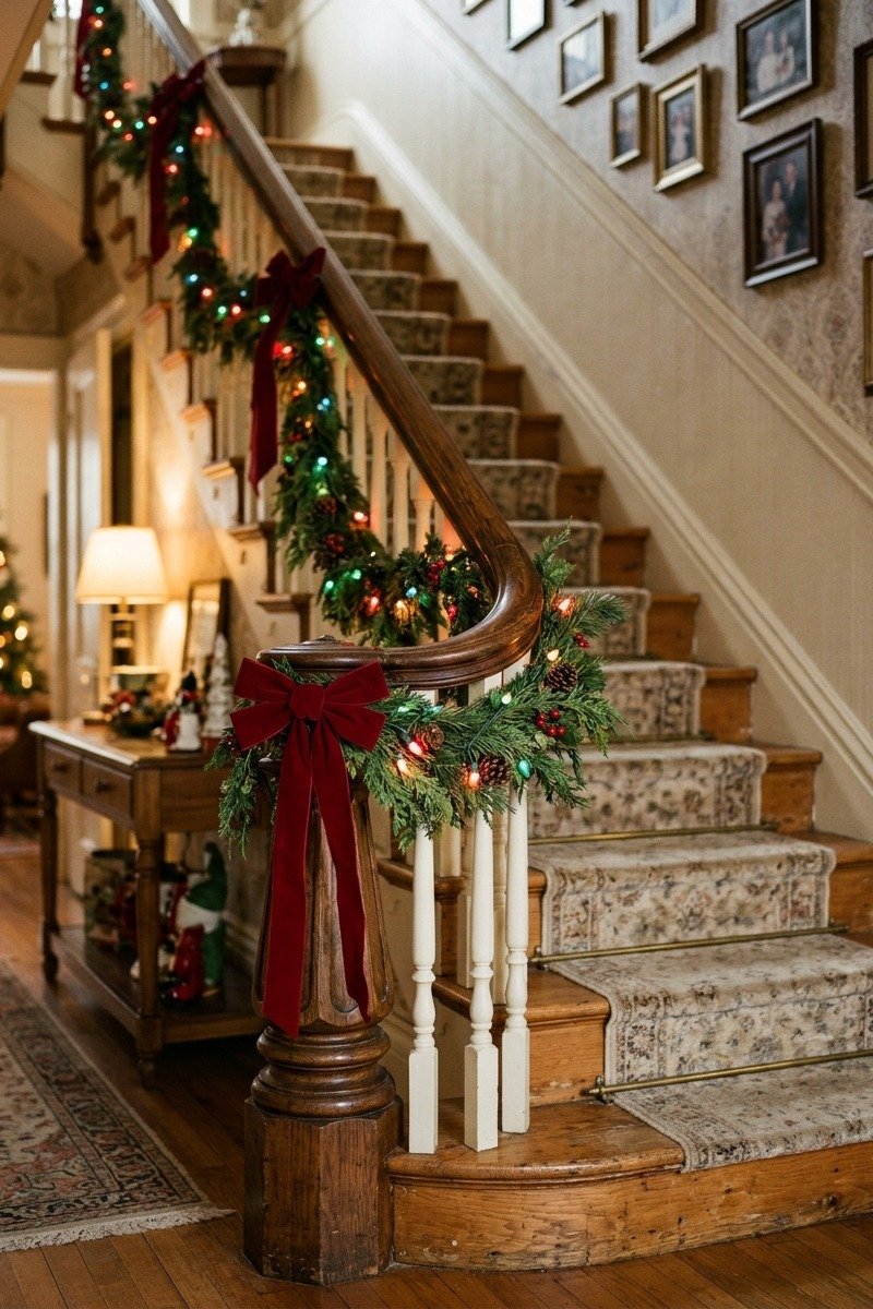 Pine garland with lights and bows on a staircase banister