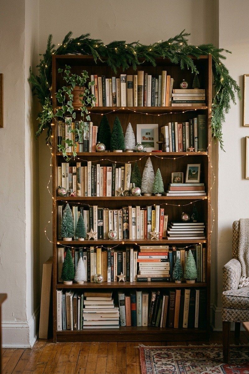 Bookshelf decorated with Christmas garland