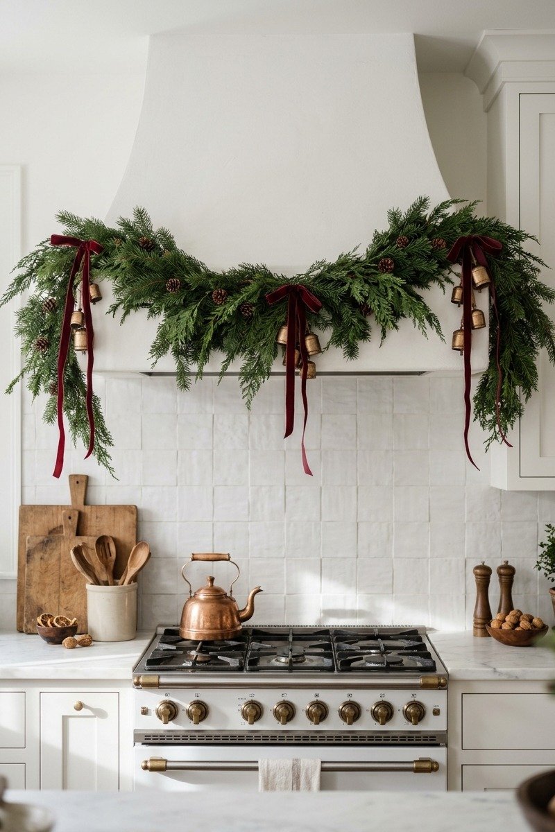 Christmas garland draped over a kitchen range hood