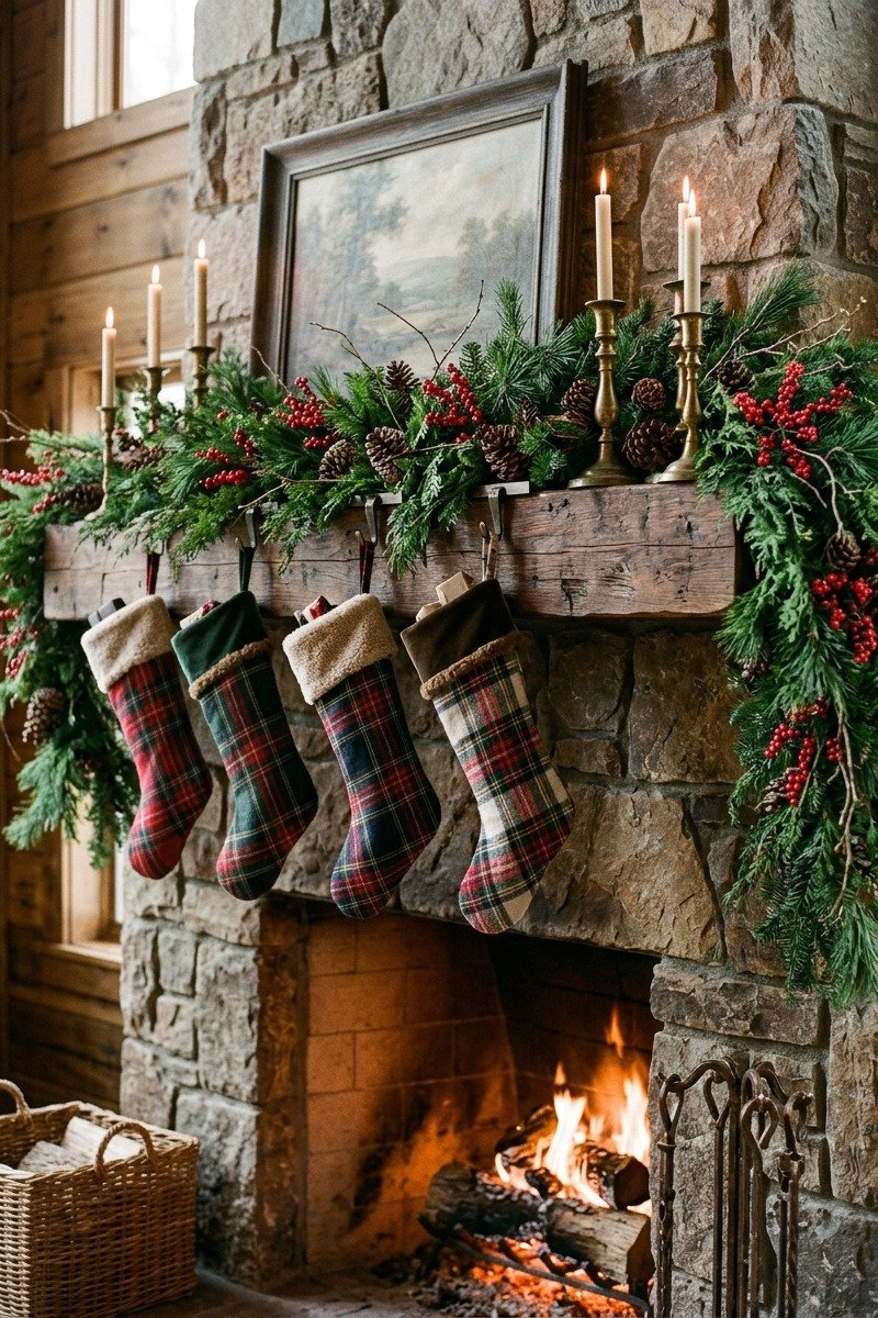 Lush garland with red berries on a mantel