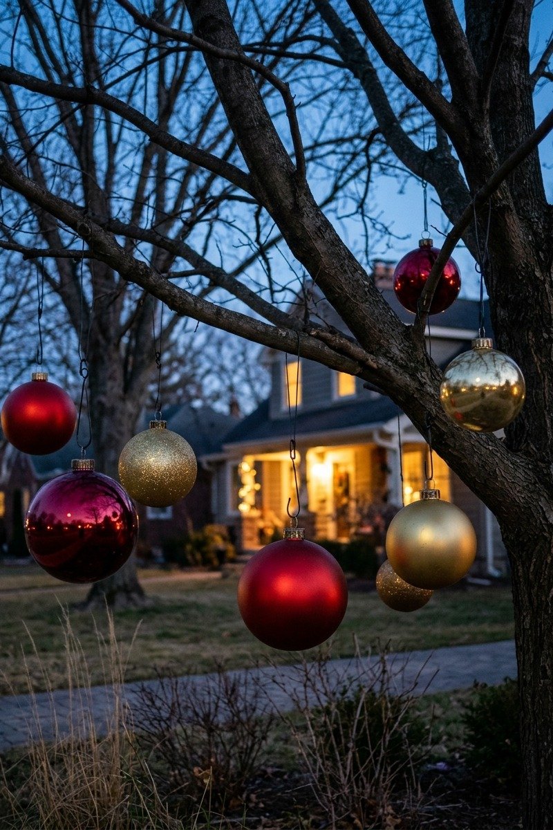 Oversized ornaments hanging from a tree outside