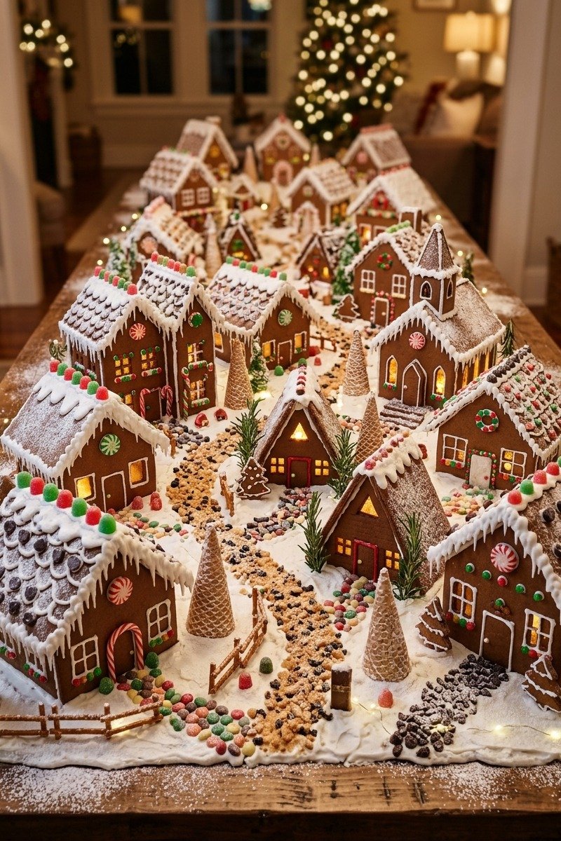 Gingerbread house village on a table