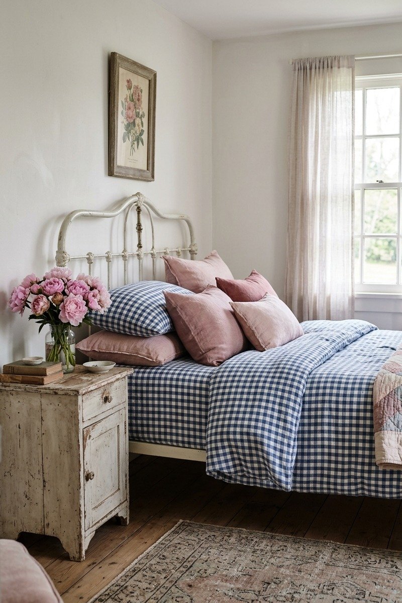 Blue gingham bedding with pink pillows