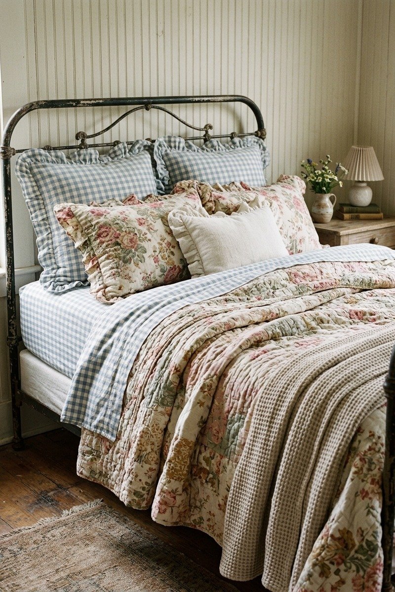 Gingham and floral bedding mix