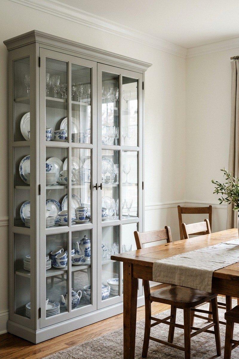 Glass-front display cabinet with dishes in a dining room
