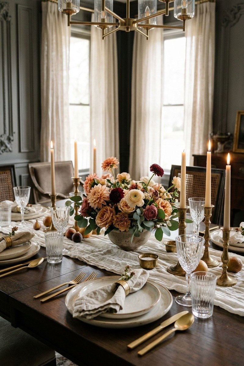 Dining table set with gold flatware and candlesticks
