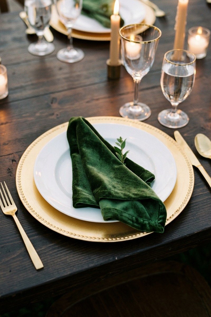 Gold charger with velvet napkin place setting