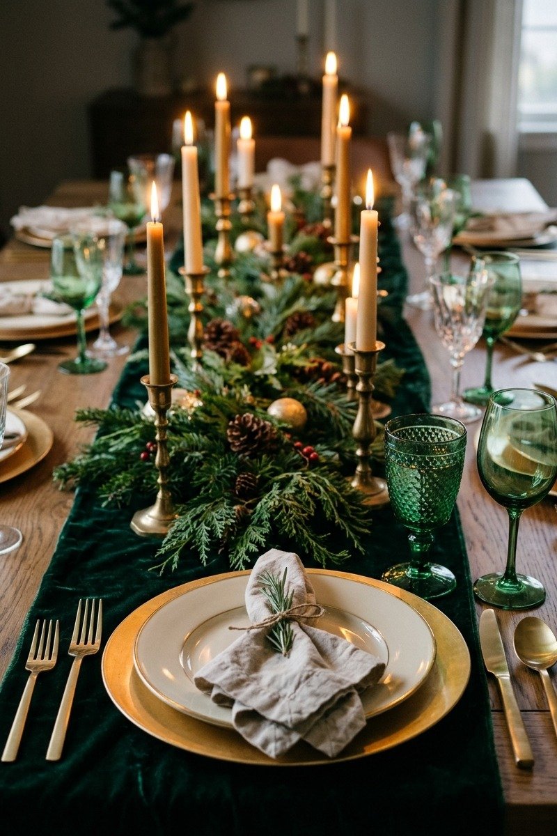 Green velvet and gold Christmas tablescape