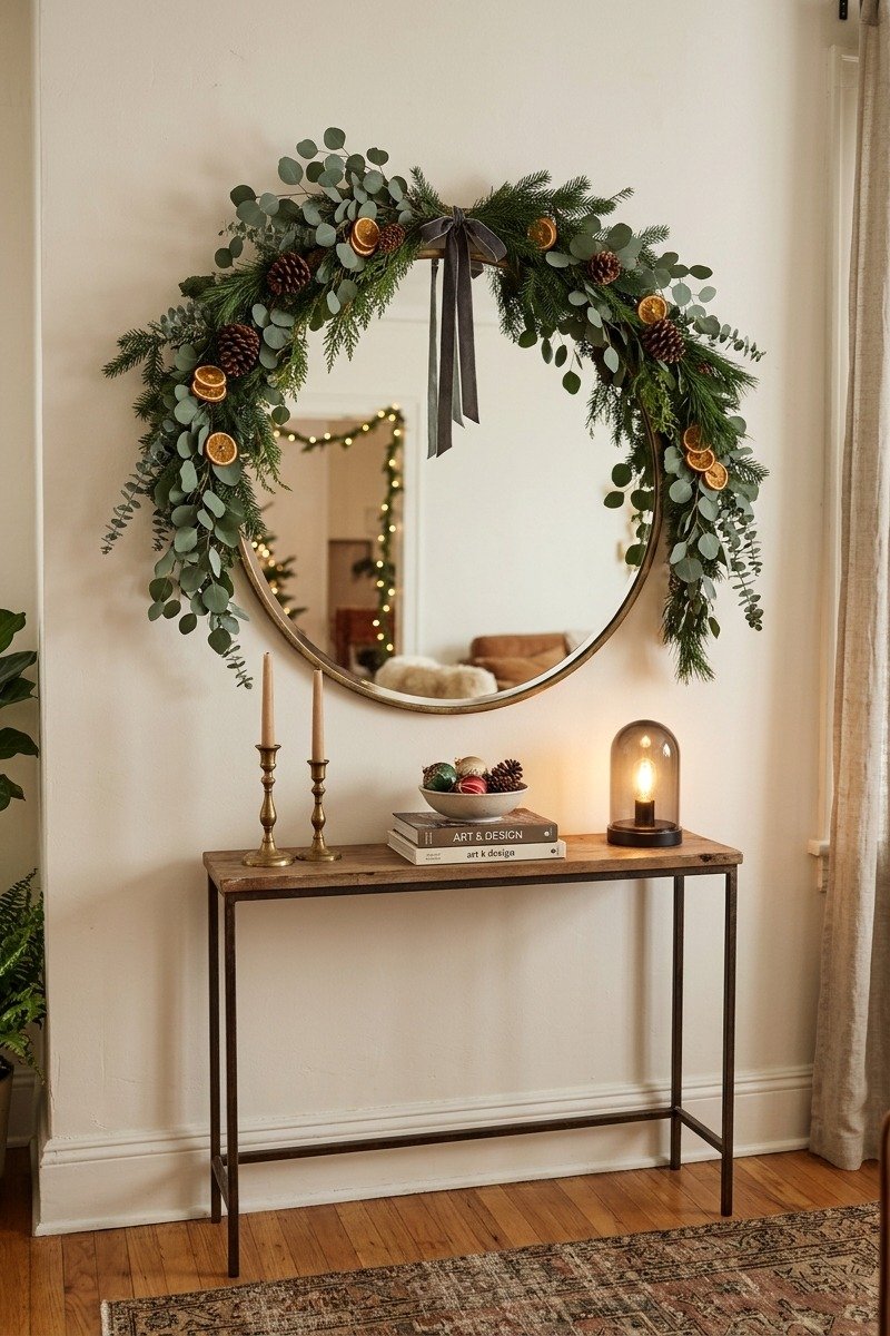 Greenery swag over a mirror