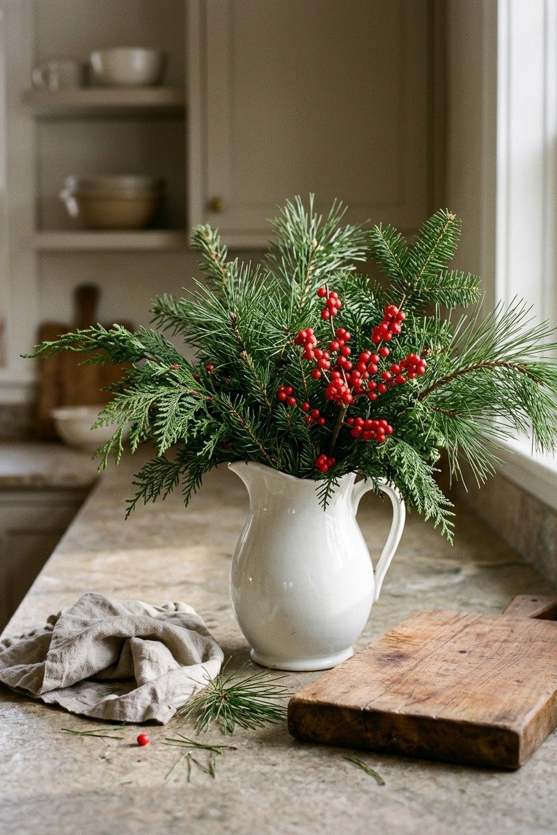 Evergreen branches in a pitcher on a kitchen counter