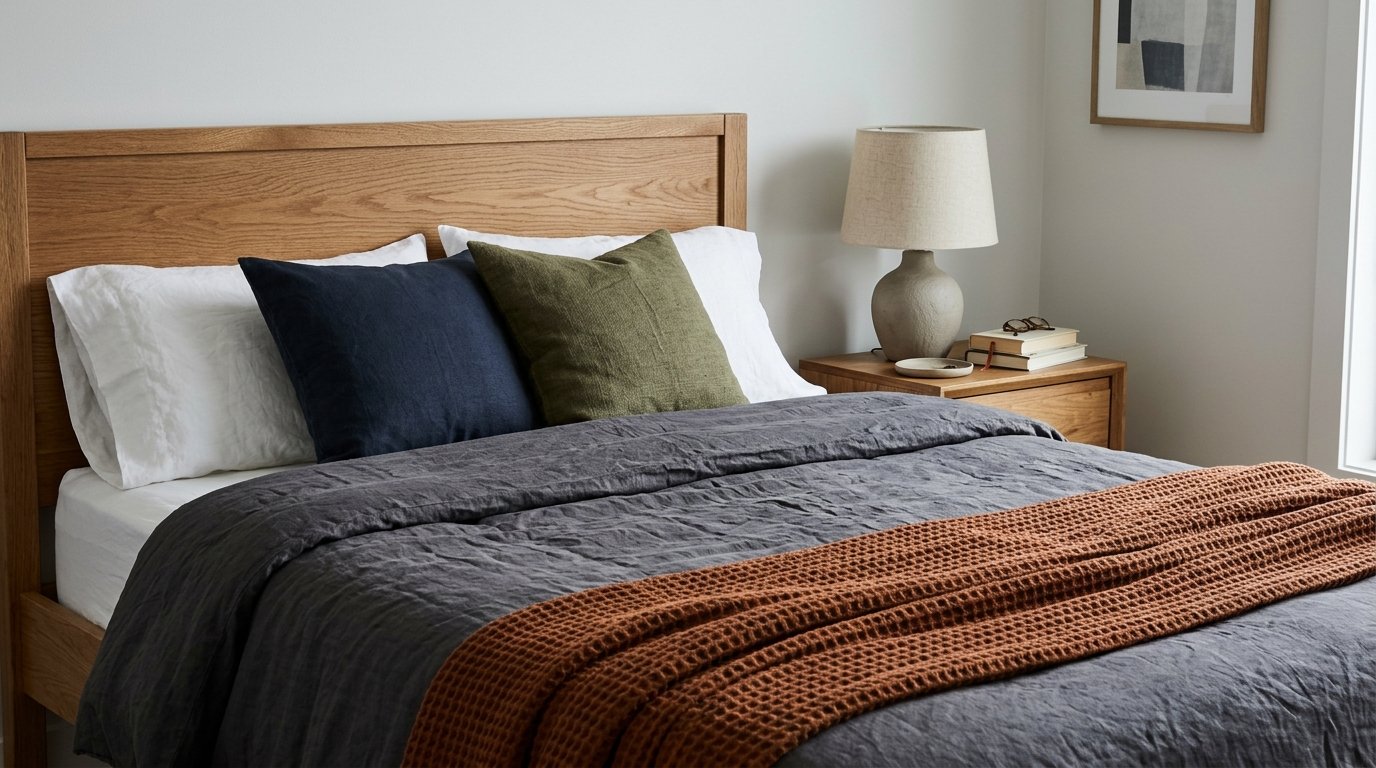 Grown-up bedding with charcoal duvet, textured throw and cushions in a teen boys bedroom