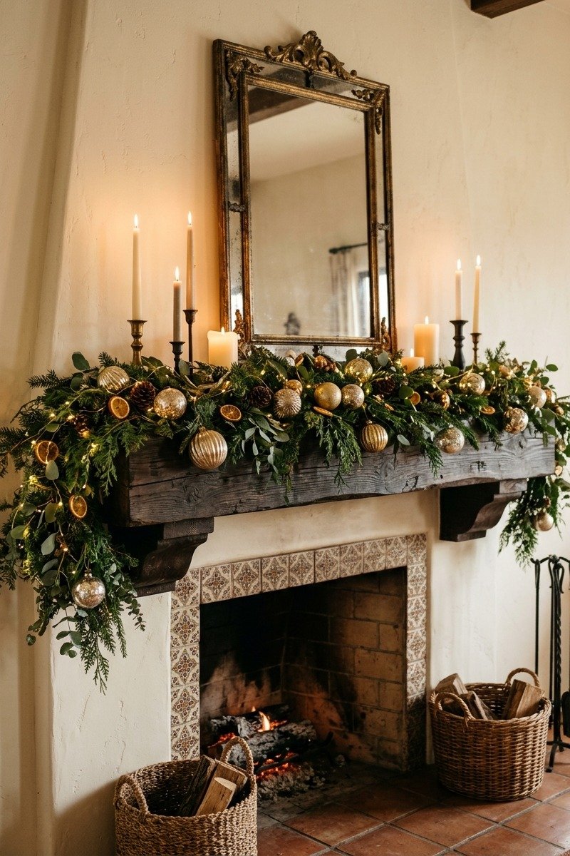 Chimenea decorada con guirnalda navideña