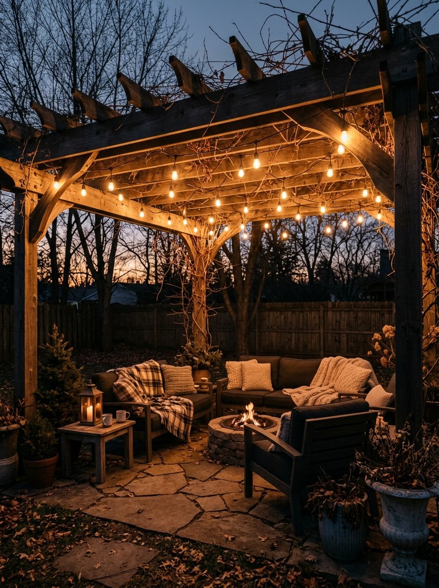 Cafe string lights under a pergola at night