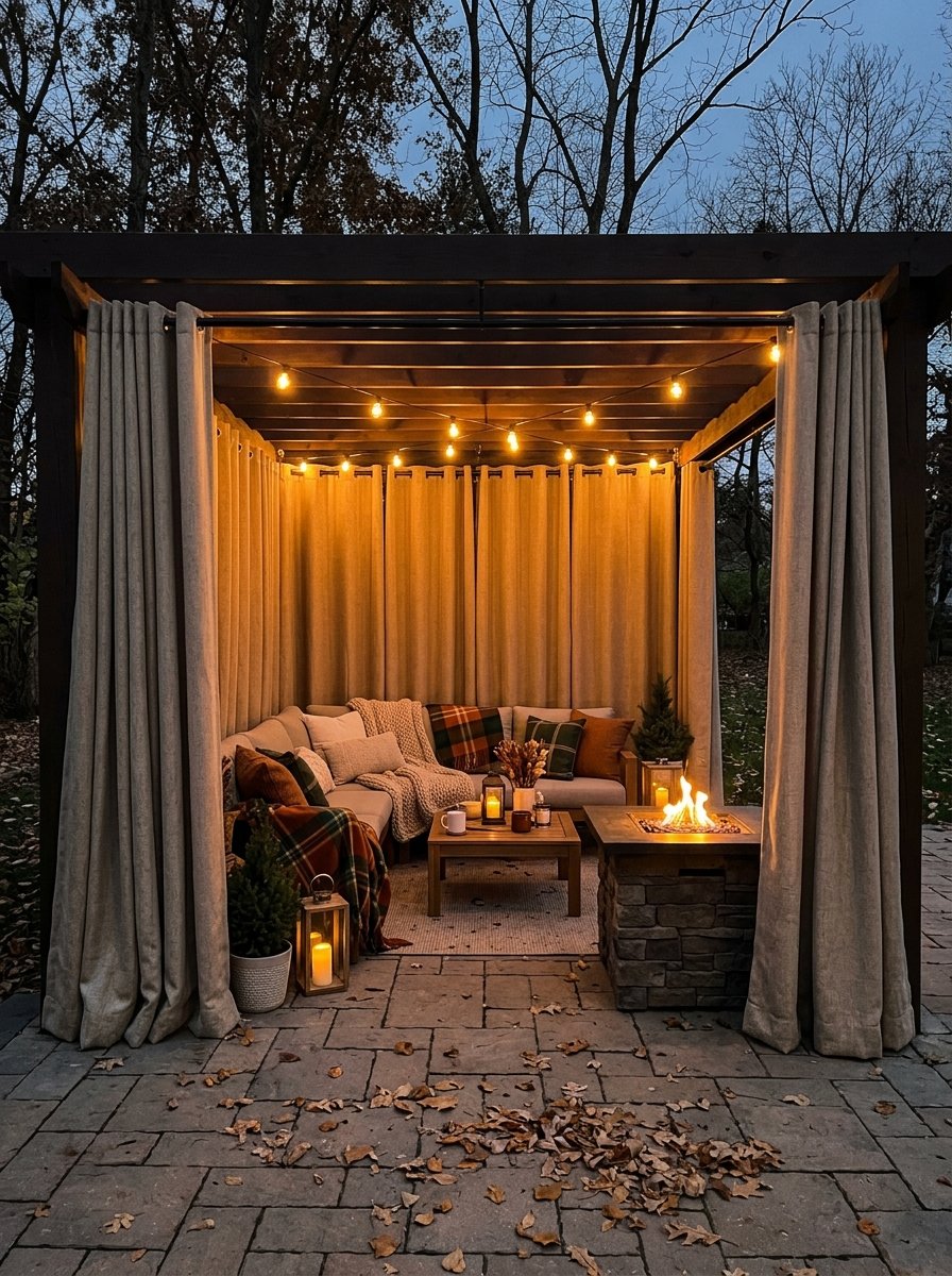 Outdoor curtains blocking wind on a pergola