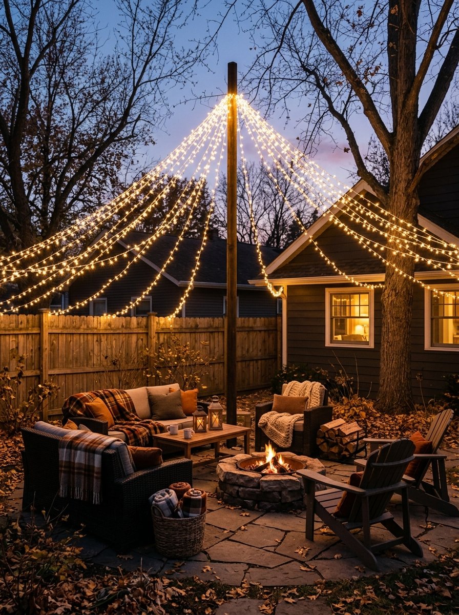 Twinkle light canopy over a patio