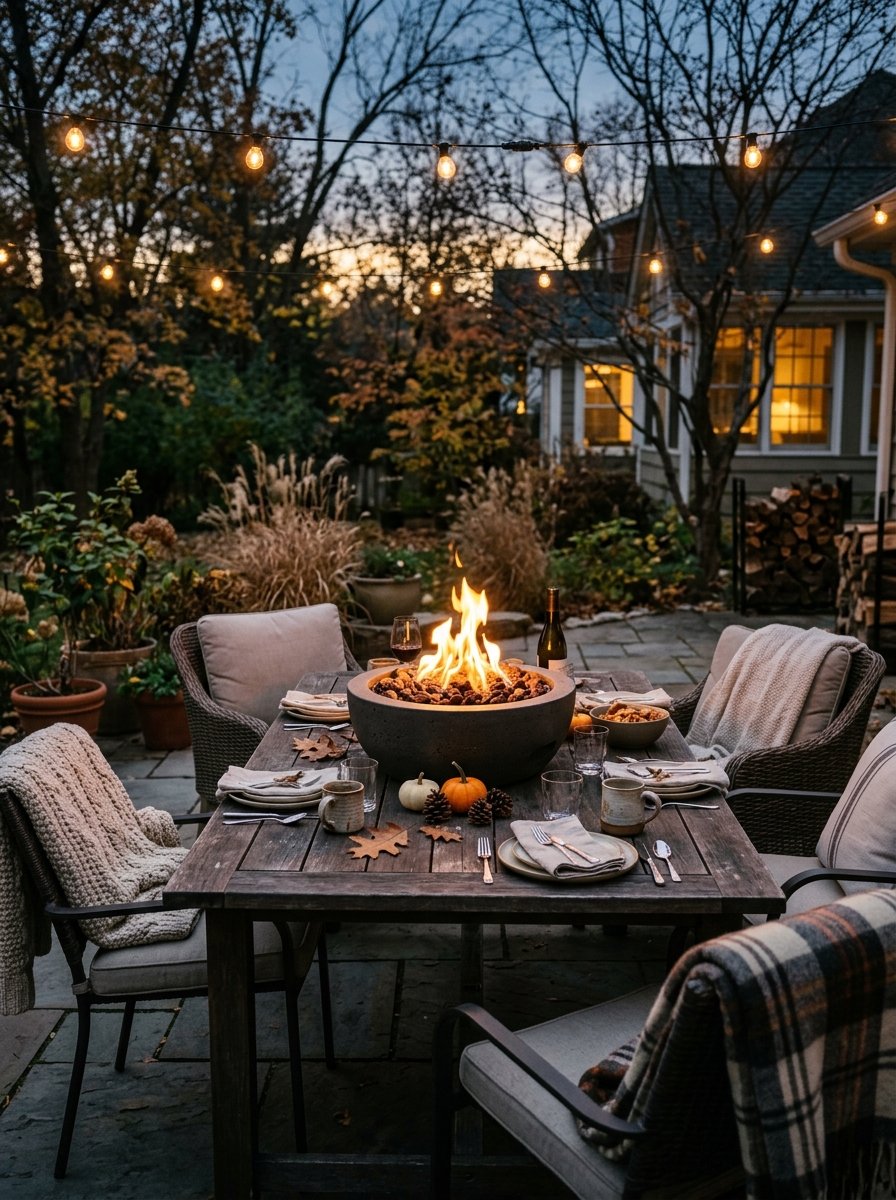 Tabletop fire bowl on an outdoor dining table