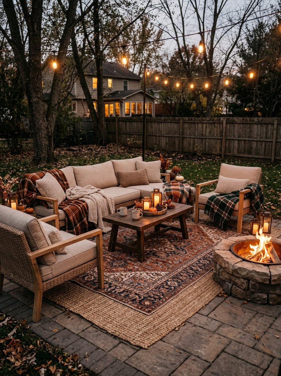 Layered outdoor rugs on a patio